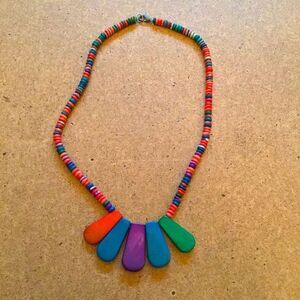Vintage Funky Colorful Costume Wooden Beaded Necklace with Teardrop Pendants